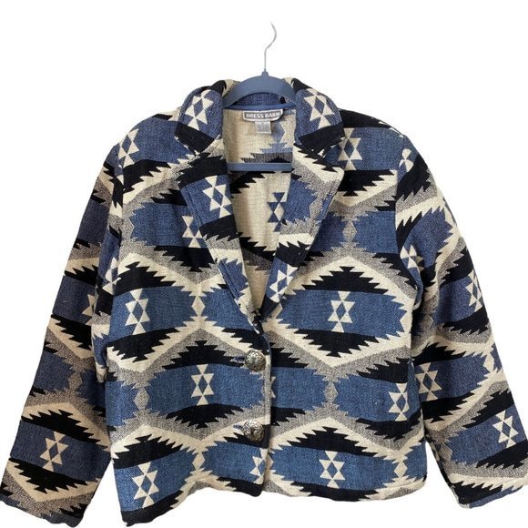 Vintage Carolina Blues Aztec Western Southwest Blanket Blazer Size XL Crop Boxy - Picture 8 of 8